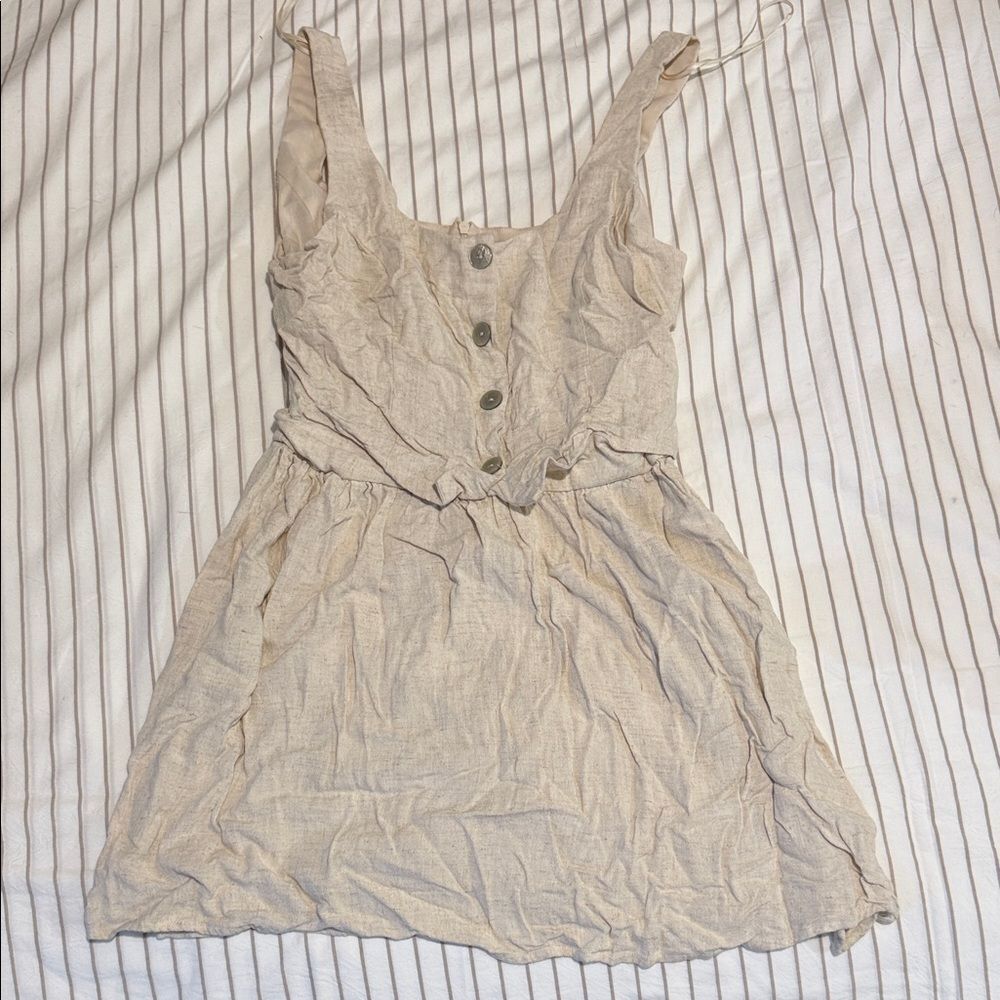 Beige Sleeveless Button-Front Mini Dress/Long Blouse
